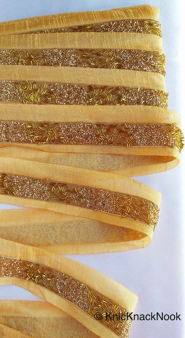 Beige Fabric Trim With Gold Seed Beads, Bugle Beads And Pipe Beads Embellishments, Beaded Trim